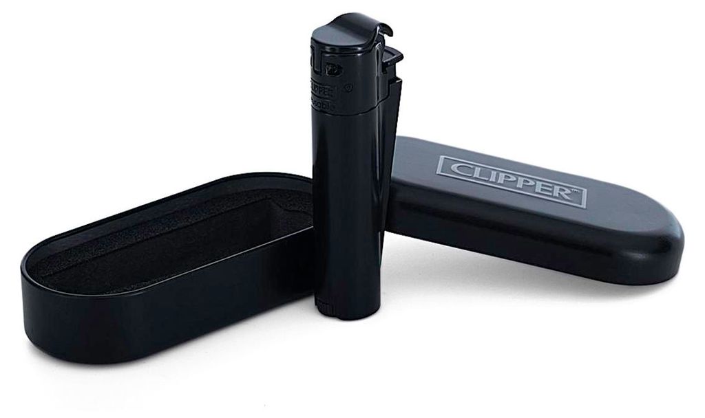 A black Clipper lighter and its case are displayed on a white background.