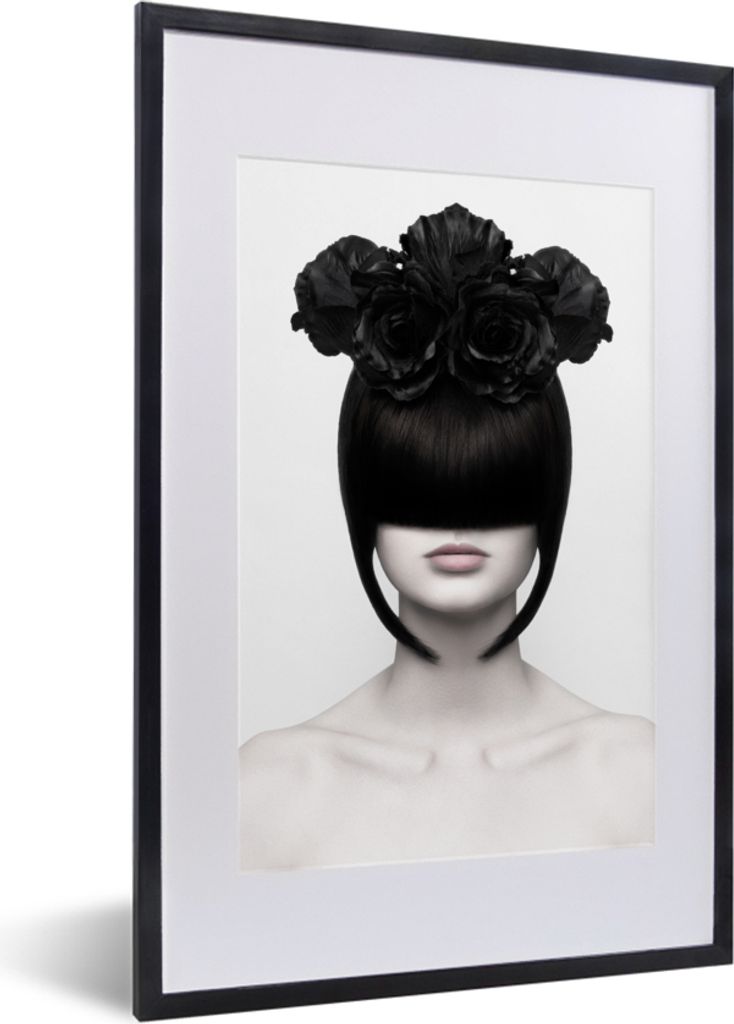 MuchoWow Gerahmtes Poster Porträt - Frau - Rosen - Abstrakt - Schwarz-Weiß 40x60 cm - Poster mit Schwarzem Bilderrahmen Wandposter Rahmen Foto ...