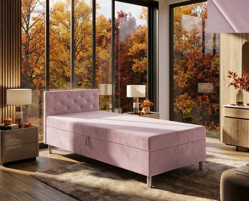 Jugend Polsterbett PERLA Nordelo mit Bettkasten und Kopfteil – T30 Matratze, 80x200, Stoff New Velo 127 PINK