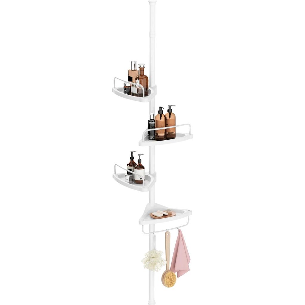 Zimilo Duschregal Eckregal, 4 Ablagen, höhenverstellbar 85–305 cm, Badregal, Teleskopregal, Handtuchhalter, Rostfrei, Viel Stauraum, Weiß