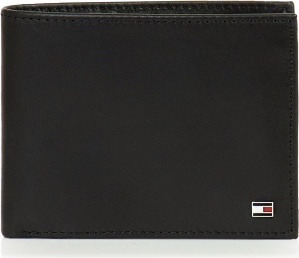 A black leather wallet with a small Tommy Hilfiger logo in the bottom right corner.