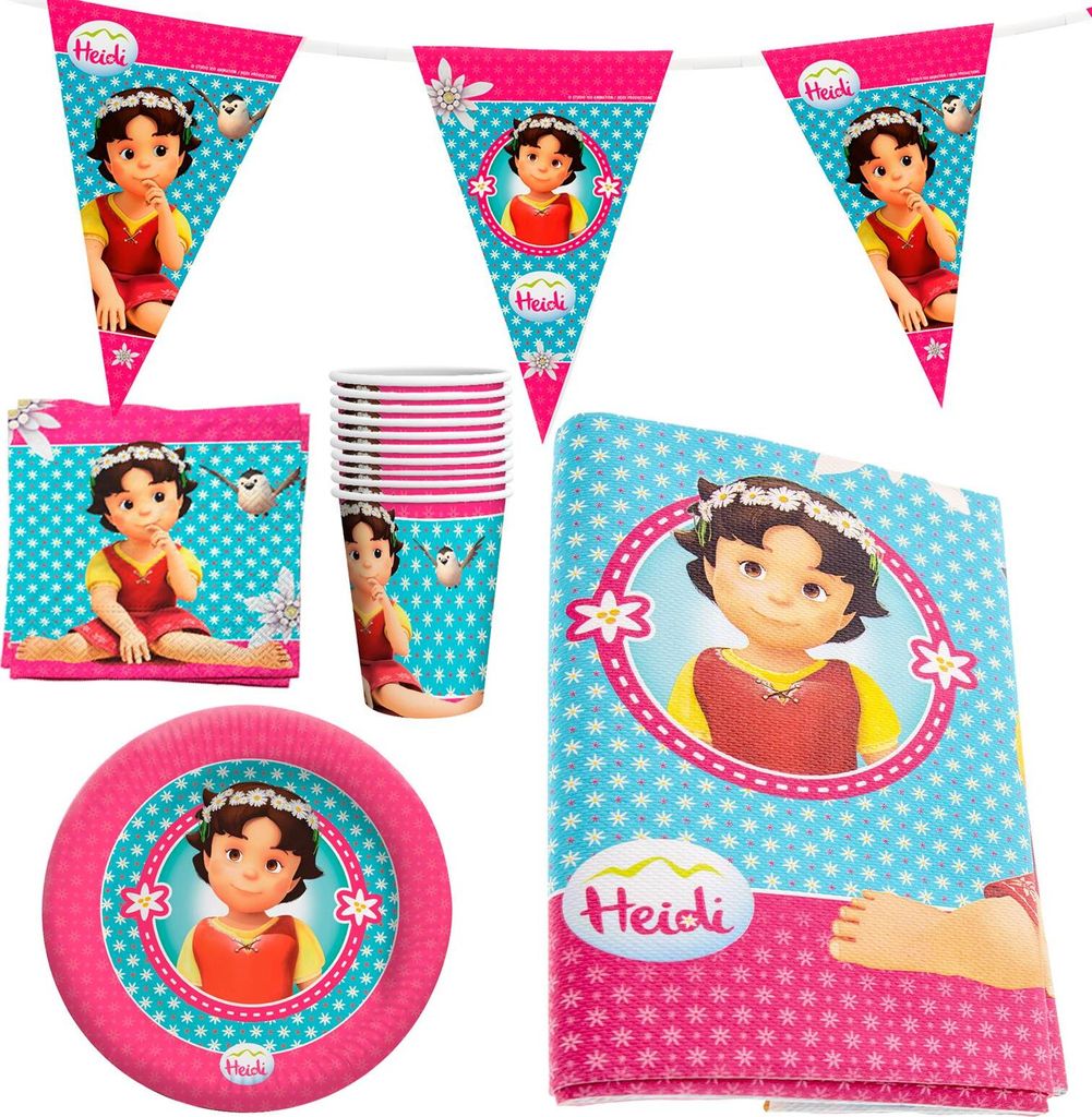 Heidi XL Party-Set Einweggeschirr 42-teilig Sevietten mit Tischdecke Wimpelkette