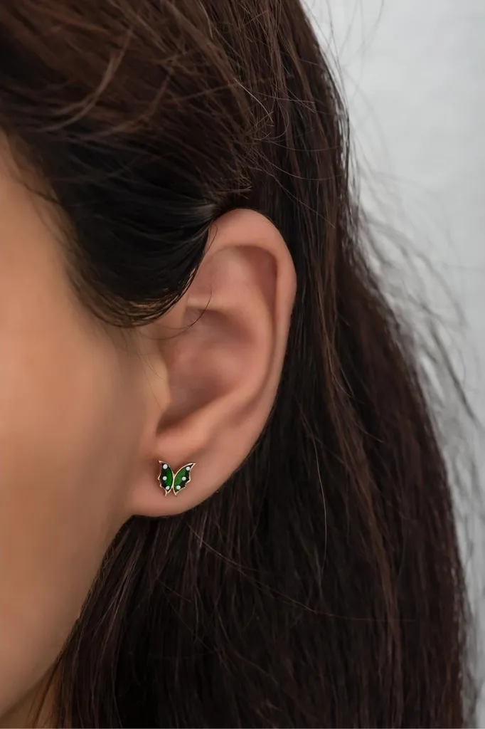 Boucles d'oreilles Papillon en Argent 925 et Émail Vert pour Femme