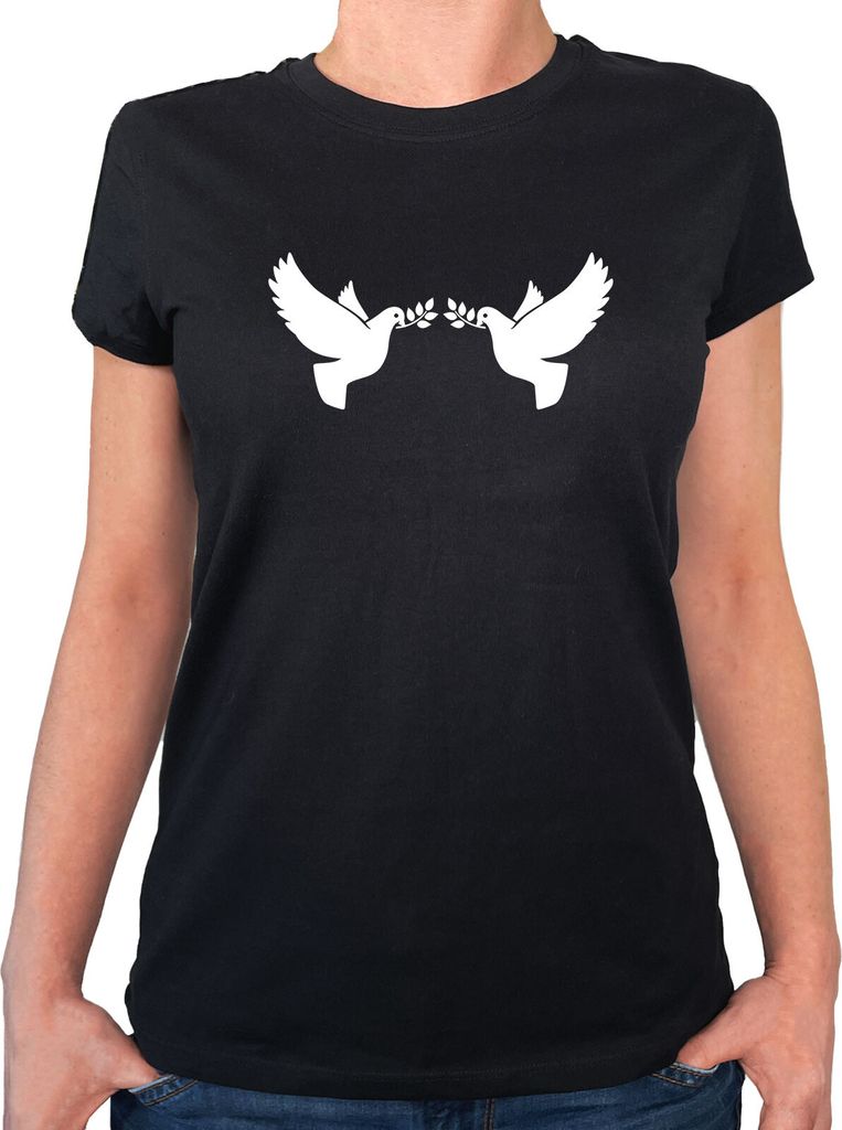 Huuraa Damen T-Shirt Friedenstauben S Black Bio Baumwolle Fairtrade Damenshirt Geschenkidee