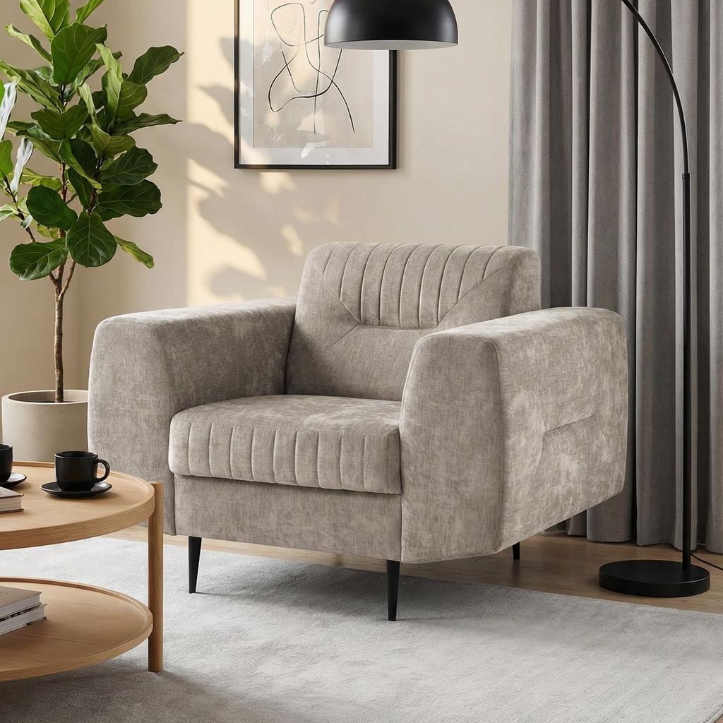 BEAUTYSOFA | Sessel VENEZIA Polstersessel Chenillestoff Beige – Moderner Loungesessel mit Metallbeinen Schwarz, Komfortsessel Wohnzimmer