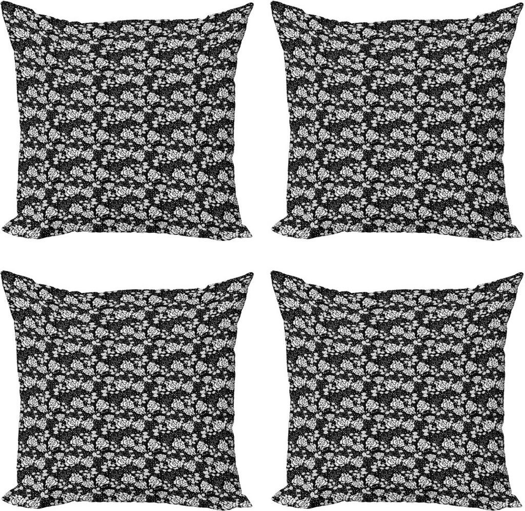 ABAKUHAUS Einfarbig Kissenbezug Set (4 Stück), Rosen-Blüten und Vögel, Moderner Doppelseitiger Digitaldruck, 60 cm x 60 cm, Charcoal Grau Weiß