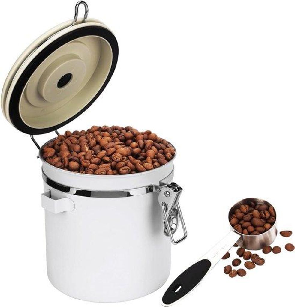 Kaffeebehälter mit Löffel - 14L - Edelstahl-Vorratsbehälter für Kaffeebohnen oder gemahlenen Kaffee - luftdichtes Behältnis - mit Datumswinkel...