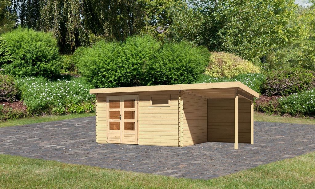 Gartenhaus Blockbohlenhaus Gerätehaus Bastrup 8 im Set mit Anbaudach 2 m breit, 28 mm Rückwand naturbelassen 569x297x220 cm