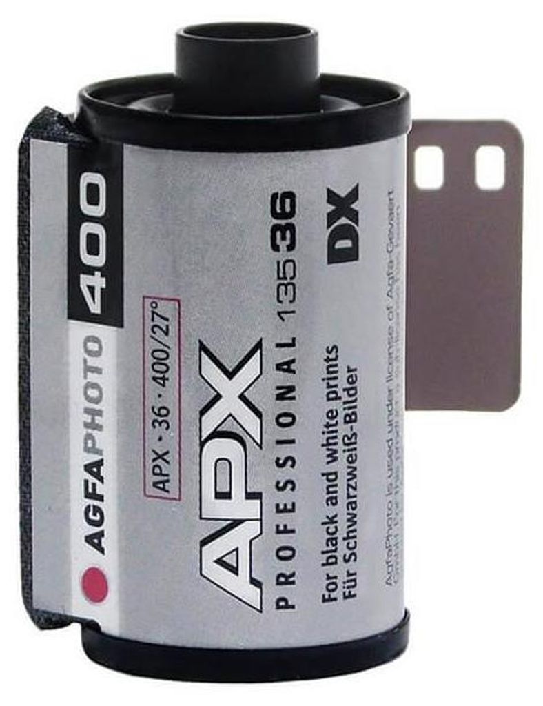 A roll of 35mm film for black and white prints.