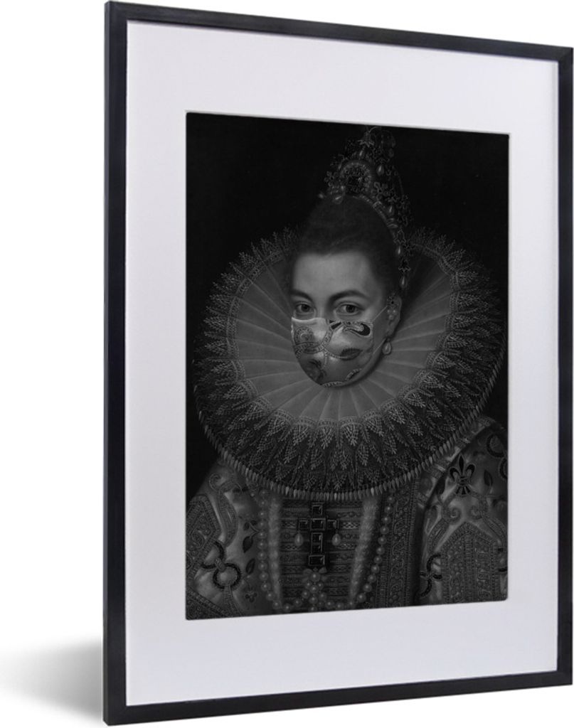 MuchoWow Gerahmtes Poster Isabella Clara Eugenia mit einem goldenen Mundschutz - Gemälde von Frans Pourbus dem Jüngeren - schwarz-weiß 30x40 c...