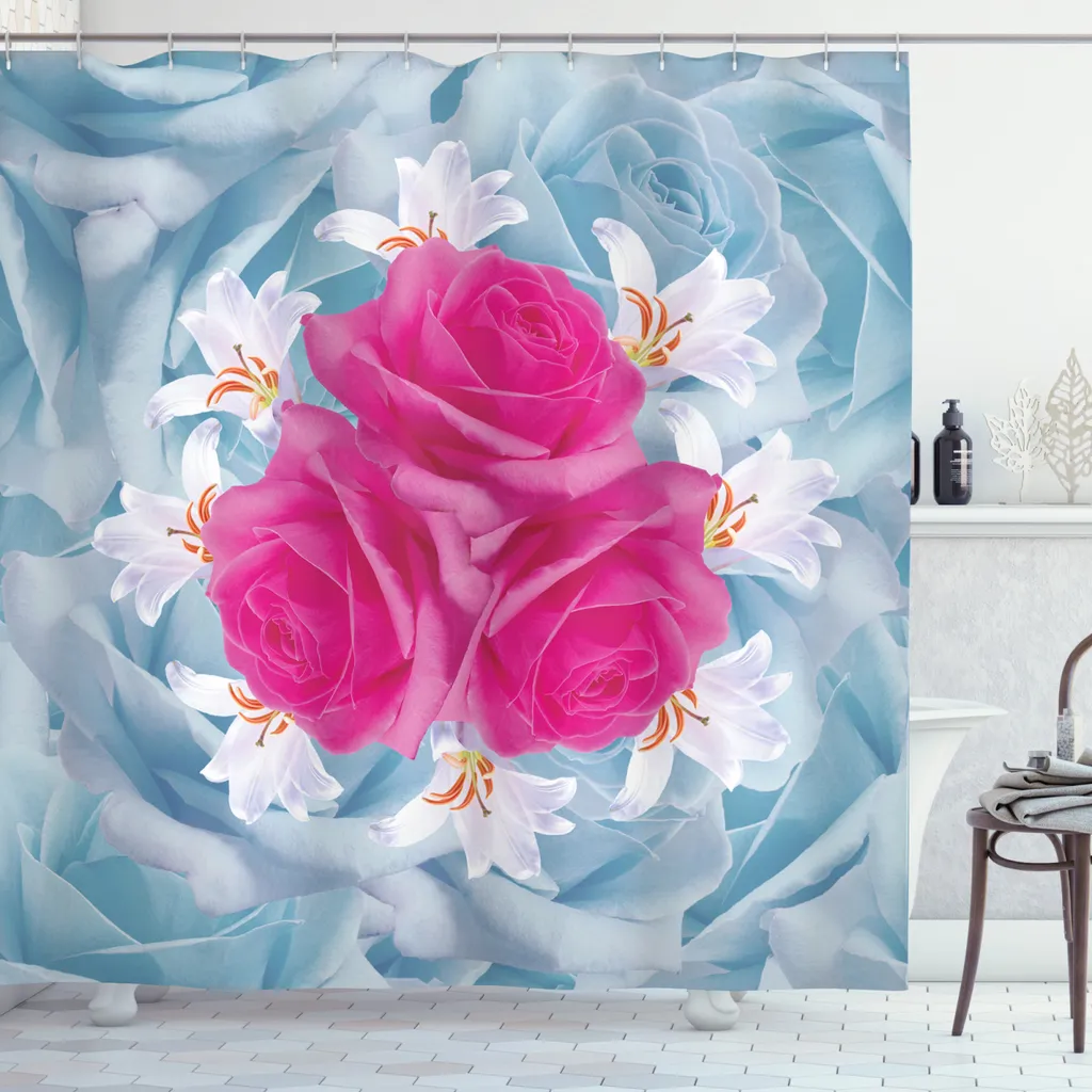 Rideau de douche ABAKUHAUS 175x240 cm - Motif Roses et Lys Bleu Fuchsia