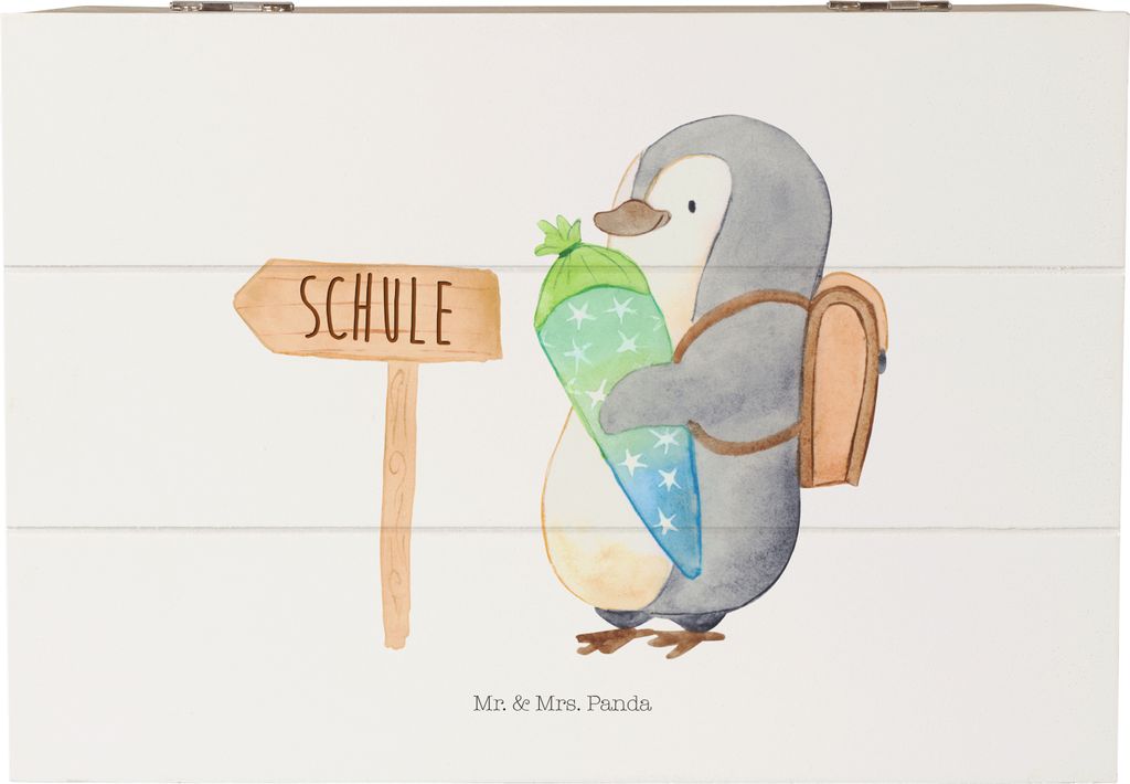 Mr. & Mrs. Panda Holzkiste Pinguin Schultüte 22 x 15 cm - Weiß - Geschenk, schatzkiste holz, Erster Schultag, Einschulung, Zur, Truhe, Geschenkbo...