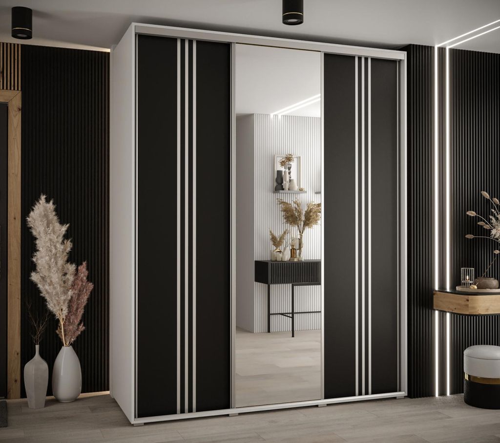 Kleiderschrank ASIRI 7 – 200/60 cm, weiß/schwarz/silber