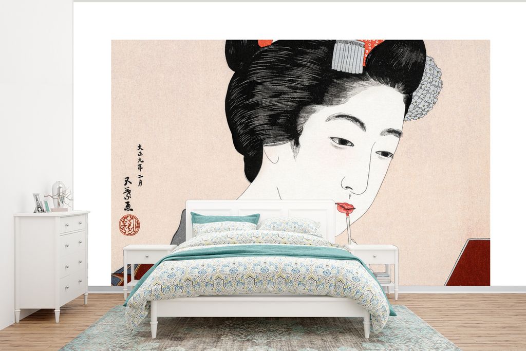 MuchoWow Fototapete für Wohnzimmer oder Schlafzimmer Wandtapete Vinyl Motivtapete Vintage - Japanisch - Frau - Make-up - 400x300 cm - Papiertapeten