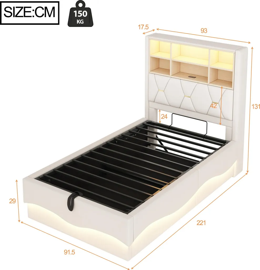 Lit Simple 90x200 avec Sommier Relevable et Tête de Lit LED en Lin Beige