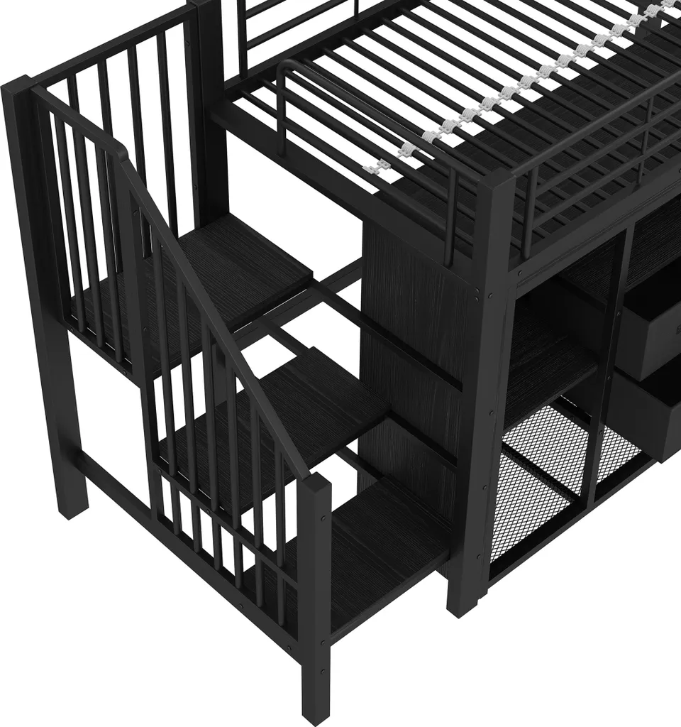 Lit Combiné Mezzanine Noir 90x200 avec LED et Multiples Rangements Chic - 15