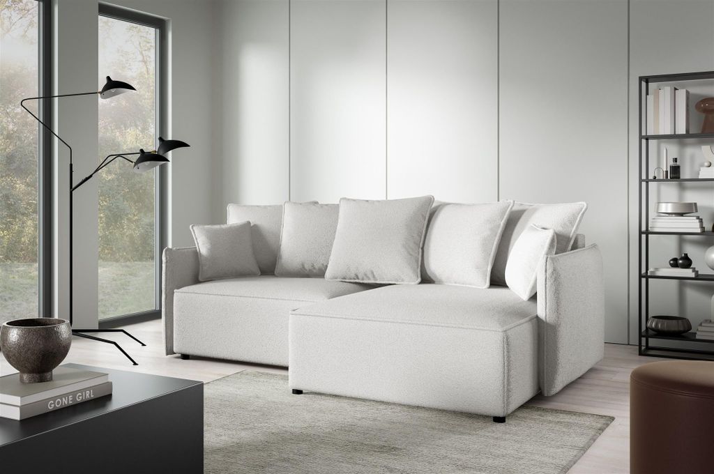 Ecksofa Schlafsofa Sofa MINEA in Stoff Abriamo Creme Ottomane Rechts