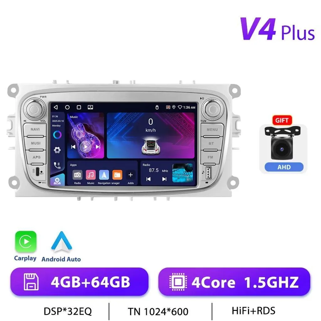 Autoradio Android pour Ford Focus 2012 de 7 pouces 4Go 64Go en Argent