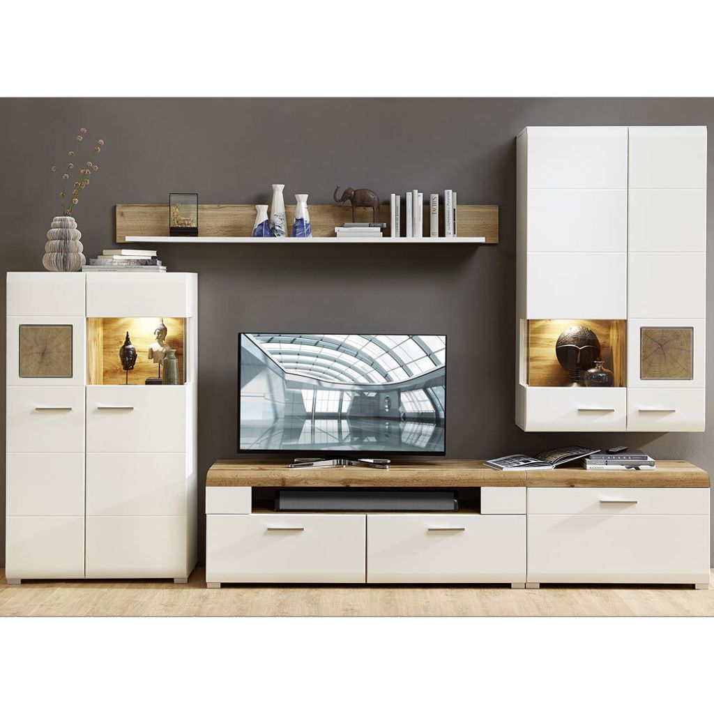 Fernsehwand weiß modern FARO-36 mit Absetzunge in Eiche Produktbild 