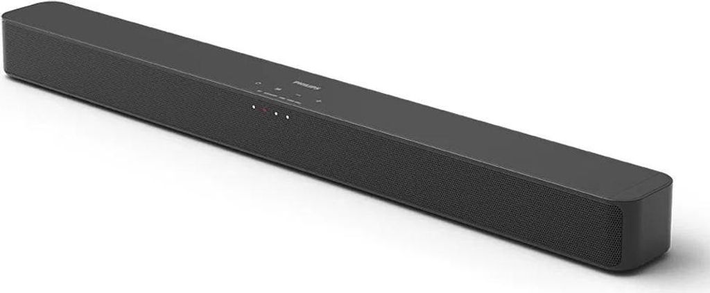 A black Philips soundbar is shown from a diagonal angle against a white background.