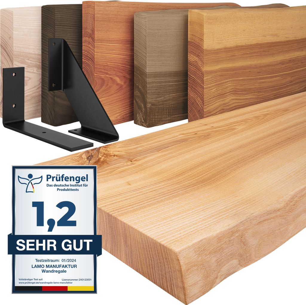 LAMO Manufaktur Wandregal Holz Baumkante | Regal Farbe: Natur | mit schwarzem Vintage Regalträger | 80 cm