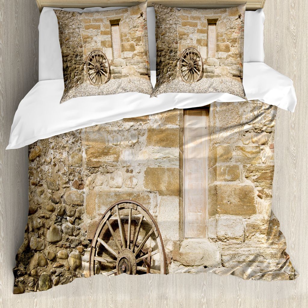 ABAKUHAUS Stall-Holz-Wagon Wheel Bettbezug, Land, Milbensicher Allergiker geeignet mit Kissenbezügen, 155 cm x 220 cm - 80 x 80 cm, Braun Hellbraun