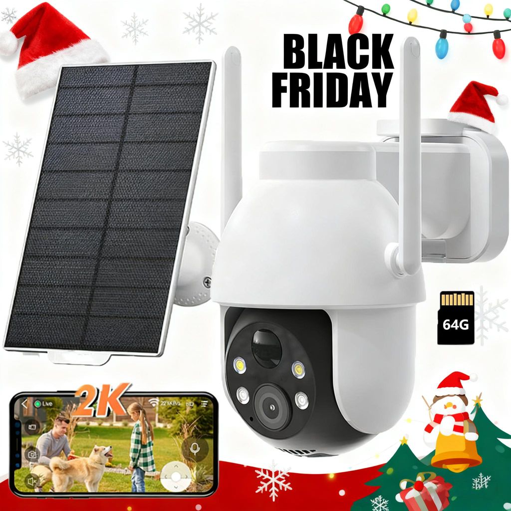 2K 3MP Überwachungskamera Aussen Solar 360° PTZ Kamera Aussen Akku 2.4GHz Kabellos mit PIR Bewegungsmelder Farb-Nachtsicht 2-Wege-Audio mit 64G K...