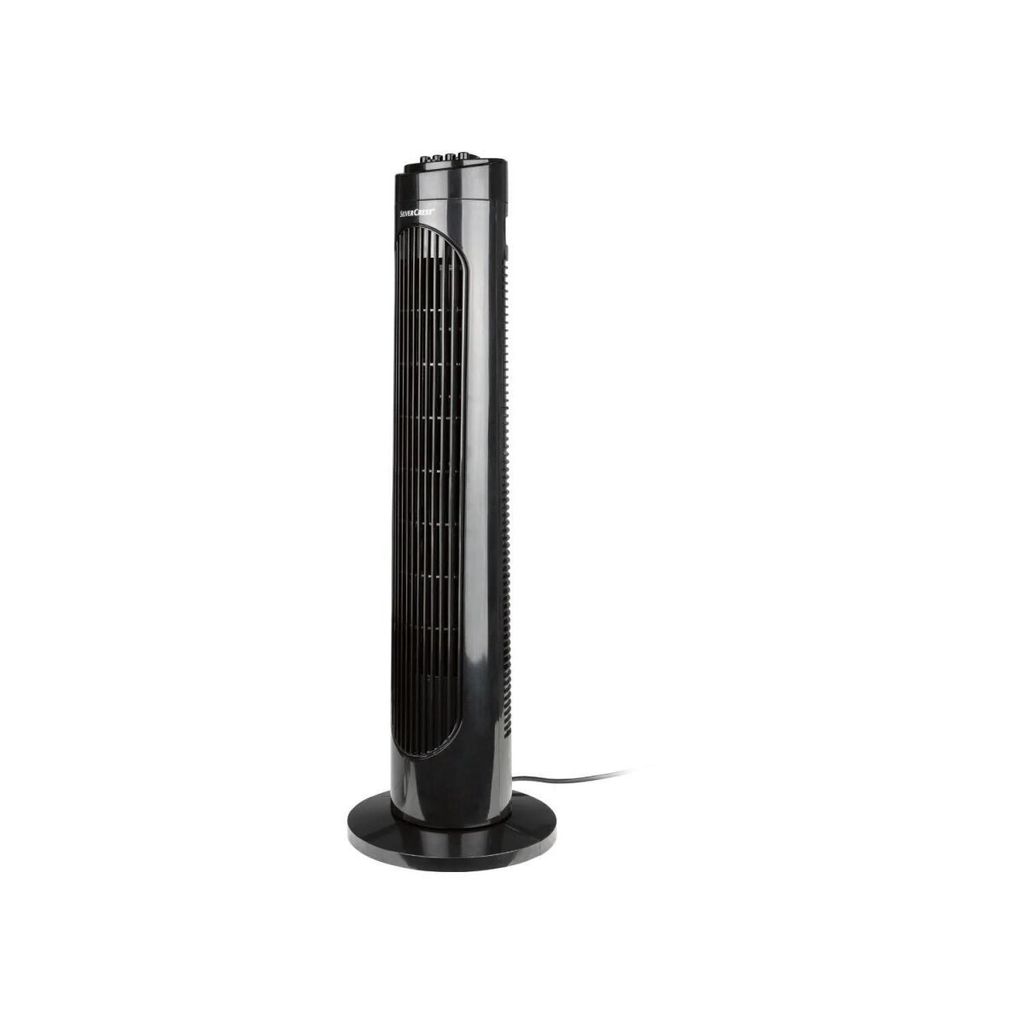 A black tower fan is shown against a white background.