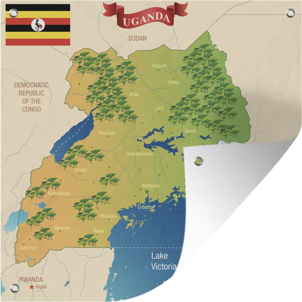 MuchoWow 50x50 cm Outdoor-Poster Gartendeko Sichtschutz Garten Poster für den Garten Illustration von Uganda auf einer Karte mit kleinen Zeichnu...