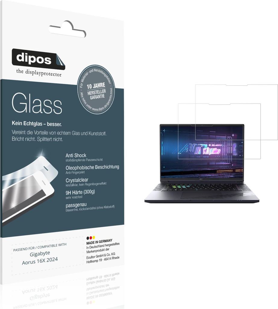 2x Schutzfolie für Gigabyte Aorus 16X 2024 - Anti-Shock 9H Folie dipos Glass Kunststoffglas
