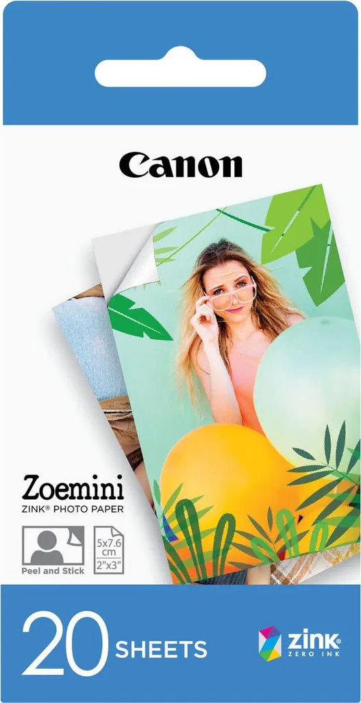 Papier Photo Canon Zoemini ZINK 2x3 pouces 20 Feuilles Autocollantes
