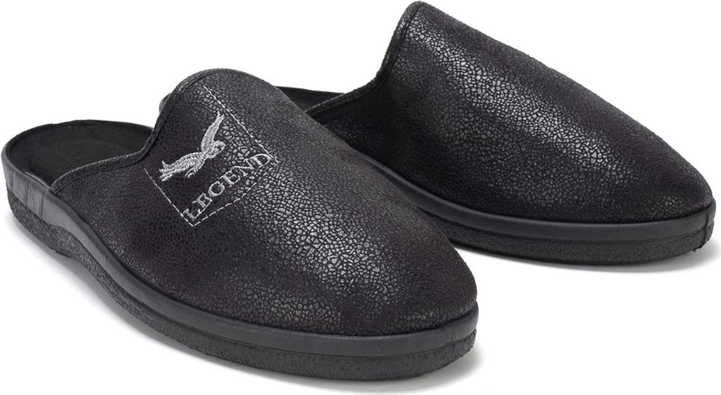 Herren Hausschuhe Kunstleder Slippers Slip On Schlappen Legend Schwarz Gr.44