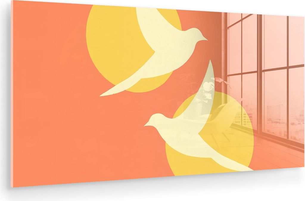 MuchoWow Glasbilder - Bilder auf Wandbild - Foto auf Glas Vögel - Kreise - Gelb 120x60 cm Wanddekoration aus Glas - Acrylglasbild - Acrylbilder - ...
