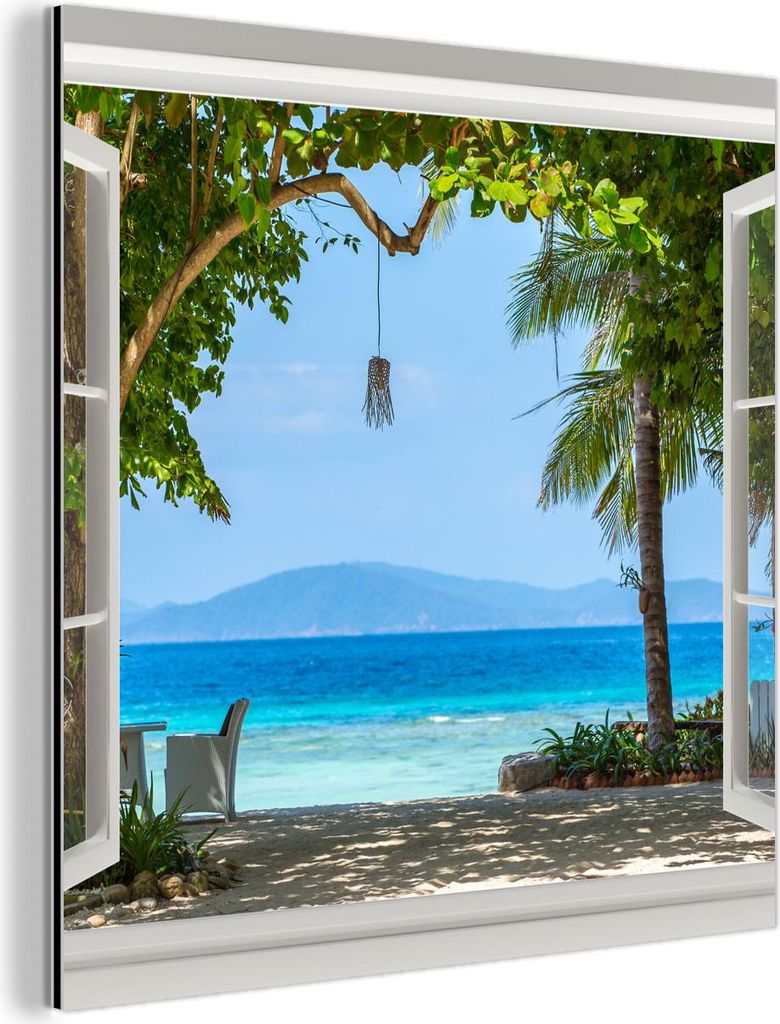 MuchoWow Wanddekoration Metall Metallbild Wandkunst 90x90 cm Aussicht - Baum - Meer - Palme - Hügel - Strand - Blau MuchoWow Aluminium Gemälde - ...