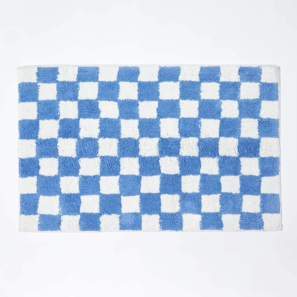 Tapis de bain anti-glisse lavable en coton 50x80 cm carreaux bleus
