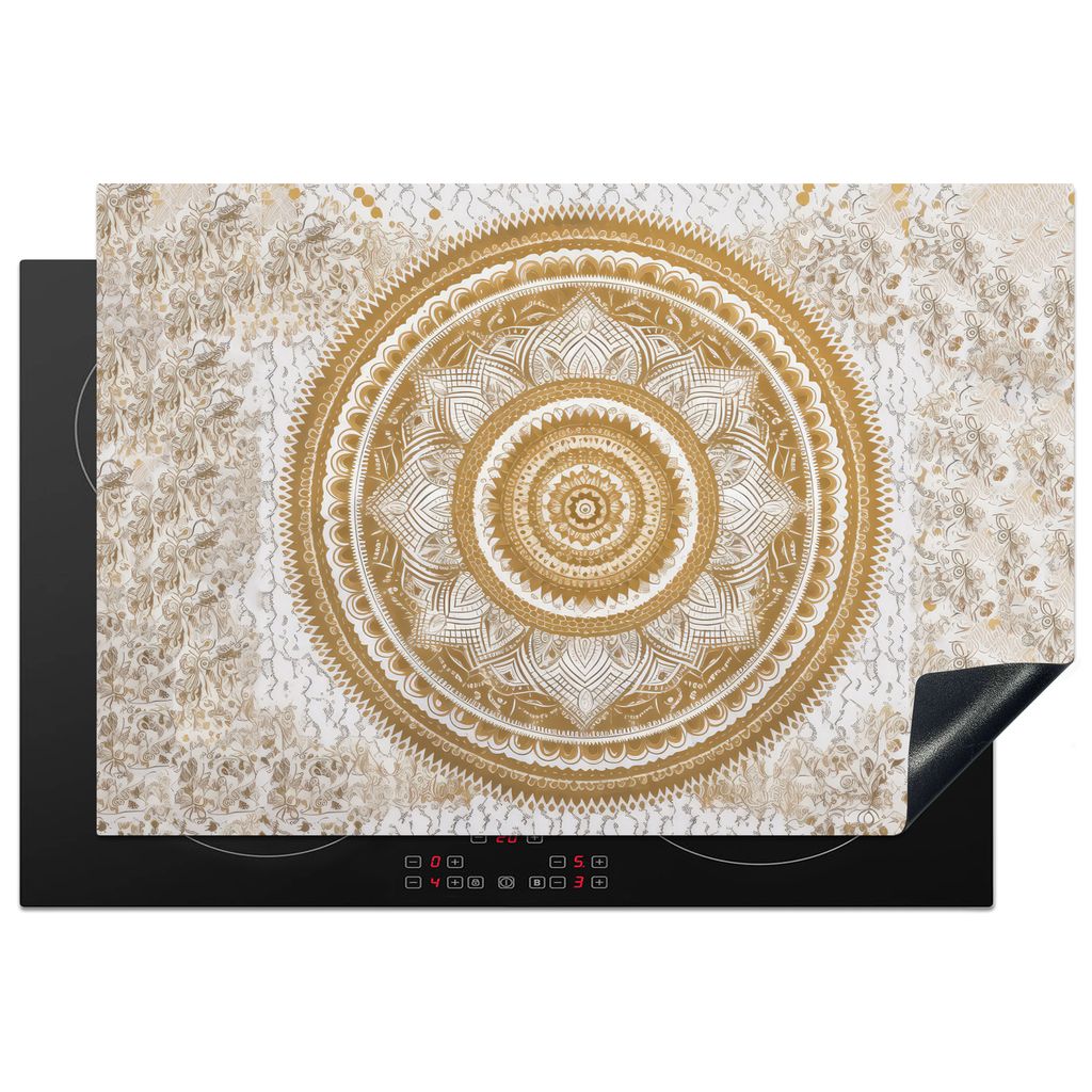 KitchenYeah Herdabdeckplatte Mandala - Blumen - Gold - Weiß - Design , 76x51cm, Küche Deko, Glaskeramikkochfeld Herdabdeckung, Abdeckplatte fù...