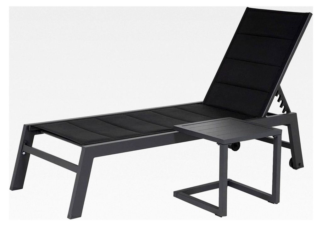 Sonnenliege Barbados aus schwarzem Textilene und grauem Aluminium mit Beistelltisch. Outdoor-Liege mit mehreren Positionen.