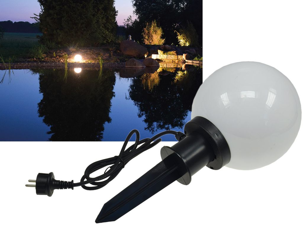 A garden light with a stake and cord is shown next to a nighttime scene of a pond illuminated by garden lights.