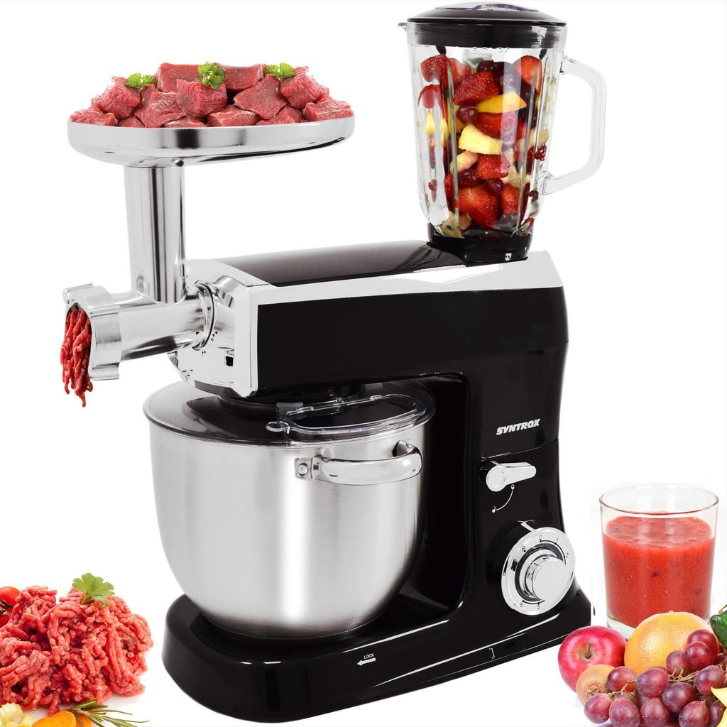 Syntrox Germany 7.5L Küchenmaschine Wasas mit 1500W, Fleischwolf, Mixer & Teigknetmaschine – Multifunktional, 6 Geschwindigkeitsstufen (Schwarz)