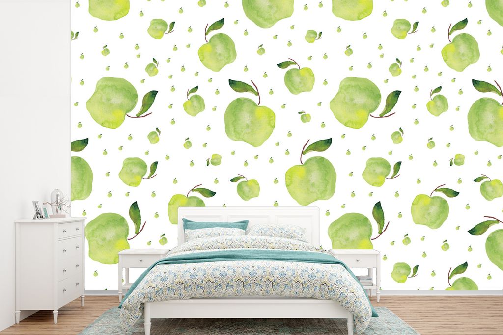 MuchoWow Fototapete für Wohnzimmer oder Schlafzimmer Wandtapete Vinyl Motivtapete Äpfel - Grün - Muster - 525x350 cm - Das Hintergrundbild