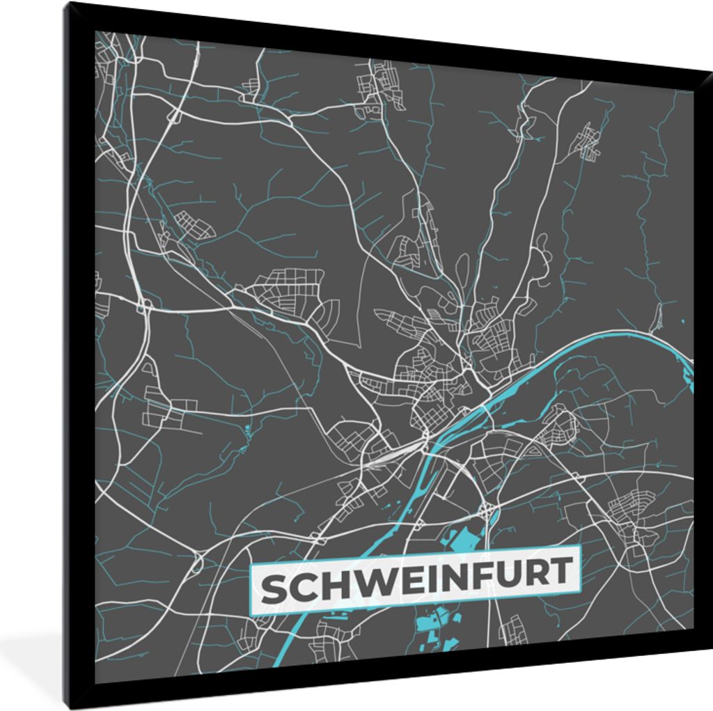 MuchoWow Gerahmtes Poster Deutschland - Blau - Schweinfurt - Stadtplan - Karte 40x40 cm - Poster mit Schwarzem Bilderrahmen Wandposter Rahmen Fot...