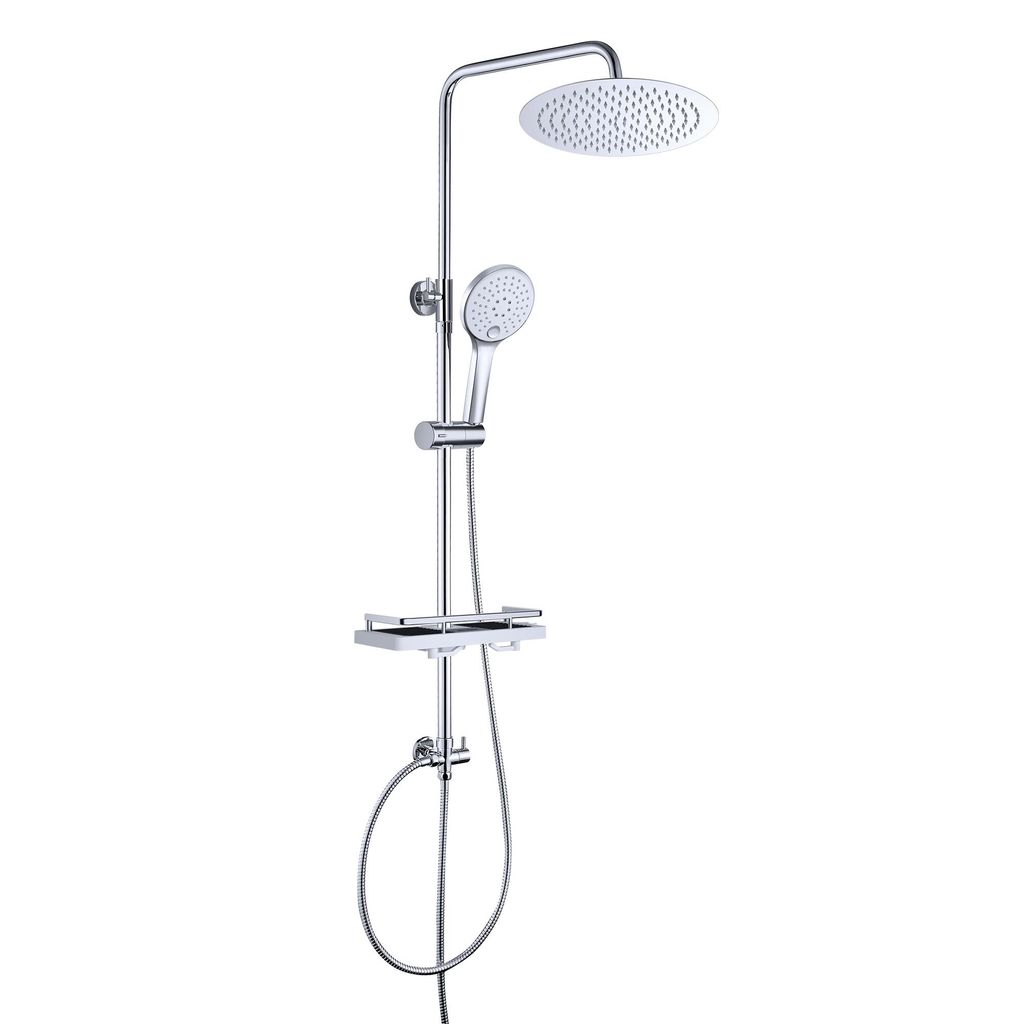 JOHO Regendusche Duschsystem ohne Armatur, Rain Shower Duschset Überkopfbrauseset aus Edelstahl mit Ablage Chrom(Kopfbrause D20 Rund)