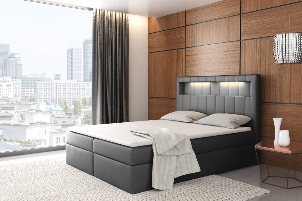 Bett mit 2 Bettkästen , ALDEN Boxspringbett , Pocket Matratze und Topper , Doppelbett Polsterbett , LED , H3 ( 140x200 cm , Dunkelgrau - Kunstleder )