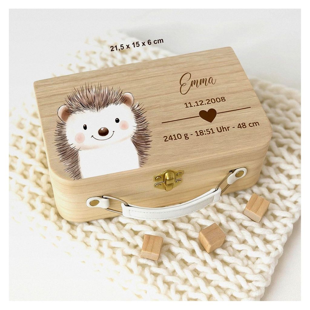 Personalisierte Holz-Erinnerungskiste für Babys, Geschenk zur Geburt, Waldtiere, Gravierte Geburtsdaten (L: 40 x 30 x 23 cm)