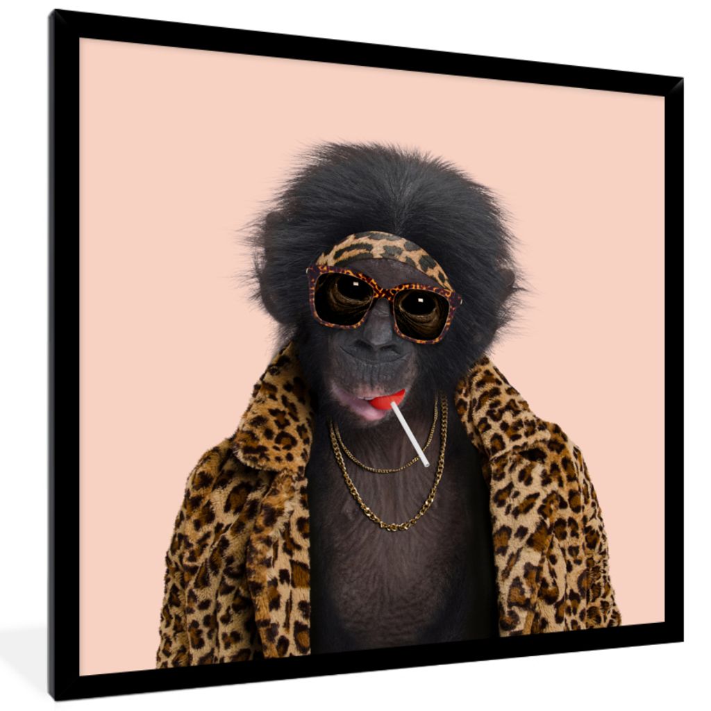 MuchoWow Gerahmtes Poster Affe - Tiere - Sonnenbrille - Pantherdruck - Lutscher 40x40 cm - Poster mit Schwarzem Bilderrahmen Wandposter Rahmen Fo...