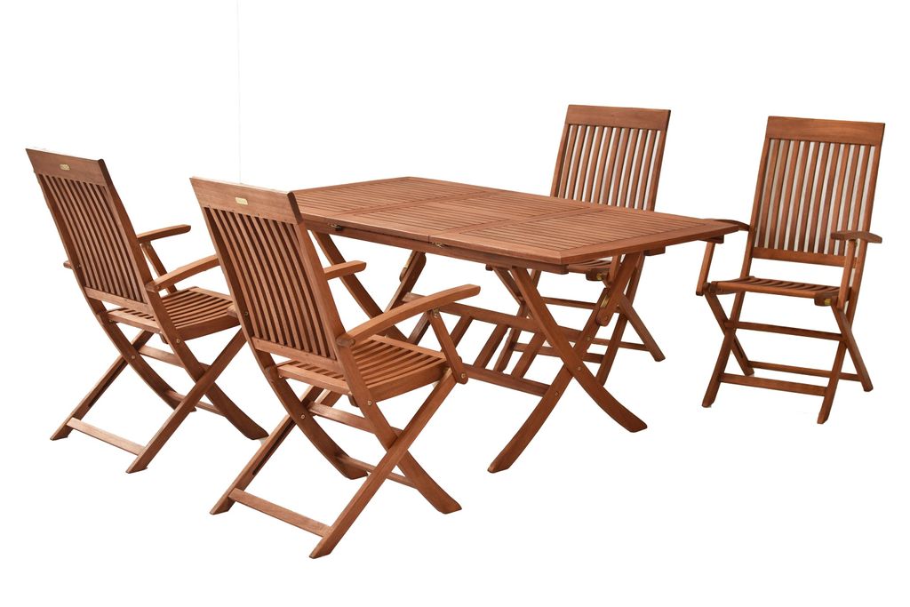 A wooden dining set with a table and four chairs, displayed on a white background.