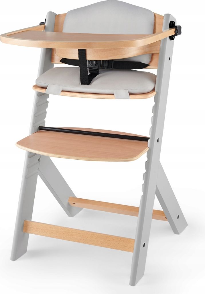 Kinderkraft ENOCK 3-in-1 Kinderhochstuhl mit Kissen - Verstellbar - Ab 6 Monaten bis 10 Jahre - 3-Punkt-Gurt - Abnehmbares Tablett - Holz - Grau