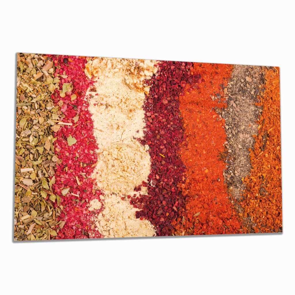 Wallario Herdabdeckplatte aus Glas, Größe 80 x 52 cm 1-teilig, Motiv Bunte Gewürze in Streifen - Chili, Curry usw