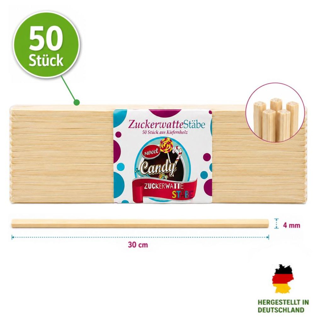 50 Zuckerwattestäbe 30 cm aus Kiefernholz 4 x 4 mm Produktbild 