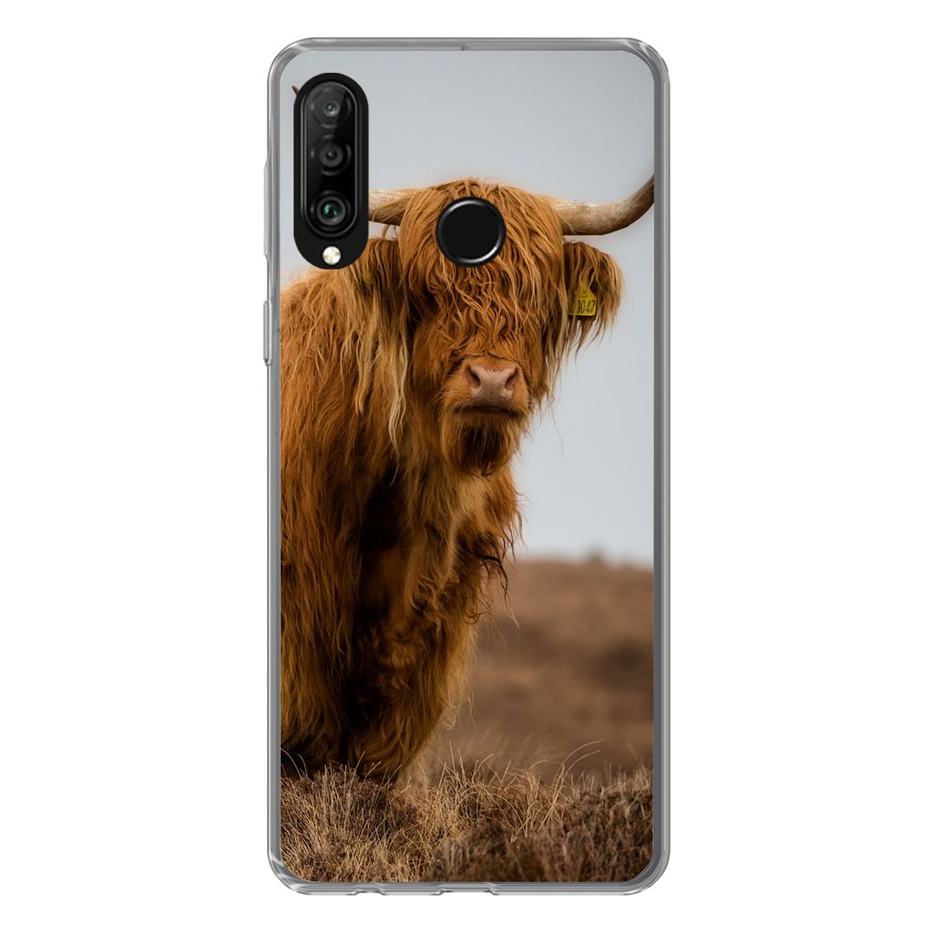 MuchoWow Handyhülle Schutzhülle Hülle für Huawei P30 Lite Schottischer Highlander - Düne - Gras Silikon Softcase Handy Hülle - Handyhülle
